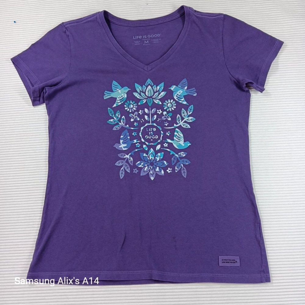 Life Is Good Purple V-Neck Tee with Turquoise Floral Bird Graphic
